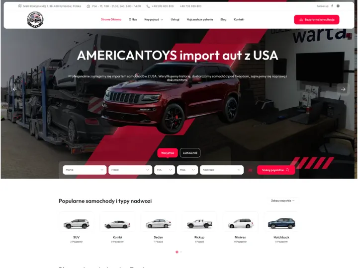 Strona AmericanToys: widok strony głównej